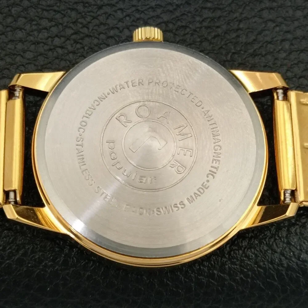 Vintage 1973 Roamer Manual Mens Gold Watch W/Metal Strap & Silver accents